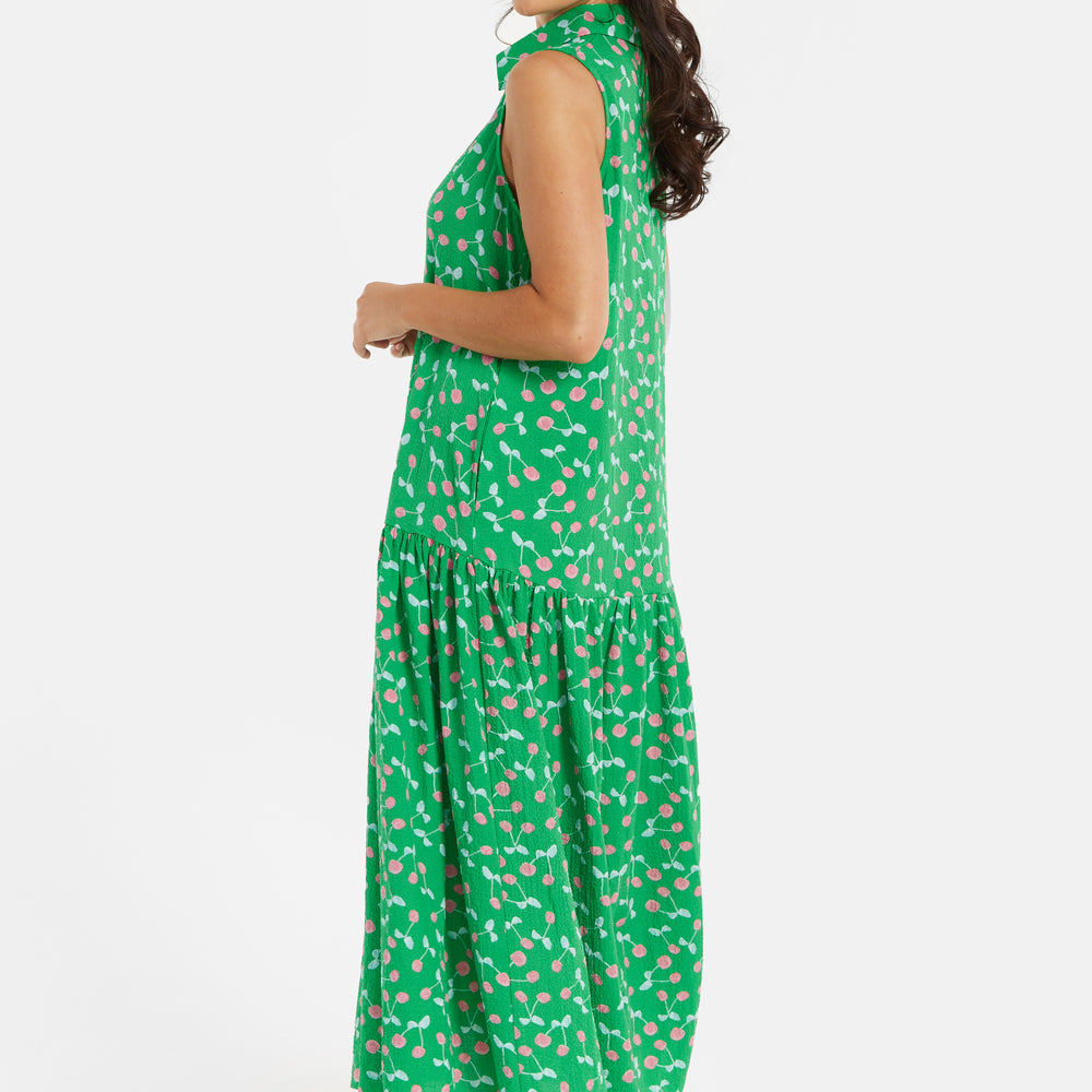 
                  
                    Women's Maxi Dress in Green with Sleeveless Design and Cherry Print by Liquorish
                  
                