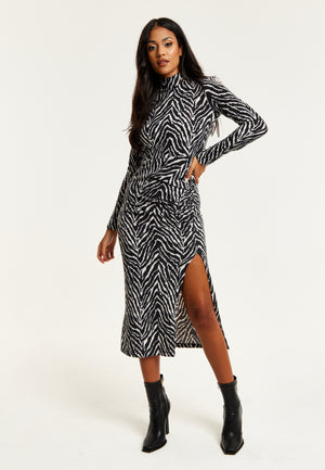 Liquorish Brushed Knit Mono Zebra Print Midi Dress With Front Slit