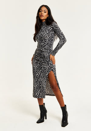 Liquorish Brushed Knit Mono Zebra Print Midi Dress With Front Slit