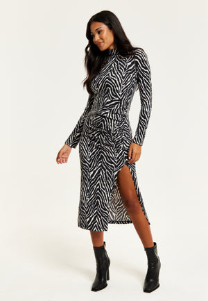 Liquorish Brushed Knit Mono Zebra Print Midi Dress With Front Slit