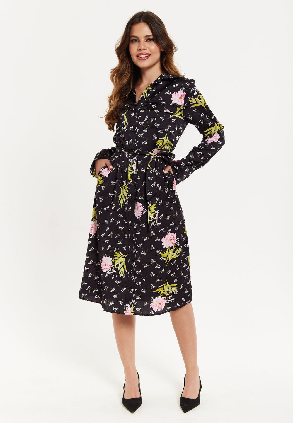 Pink Floral Print Shirt Dress In Black