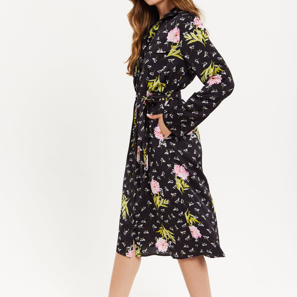 
                  
                    Pink Floral Print Shirt Dress In Black
                  
                