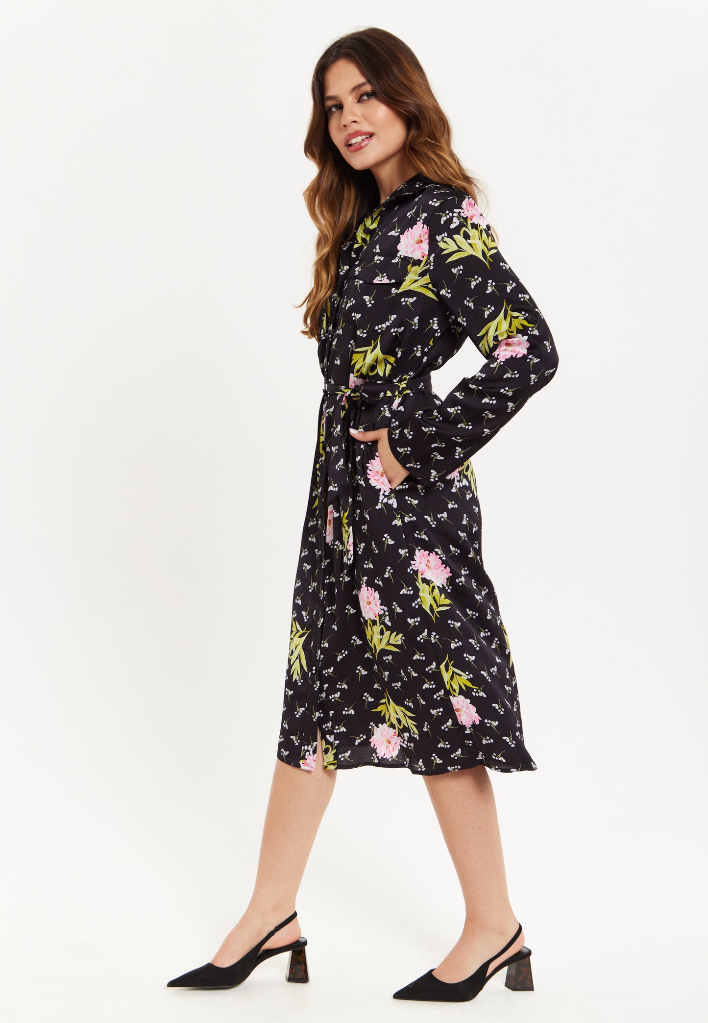 
                  
                    Pink Floral Print Shirt Dress In Black
                  
                