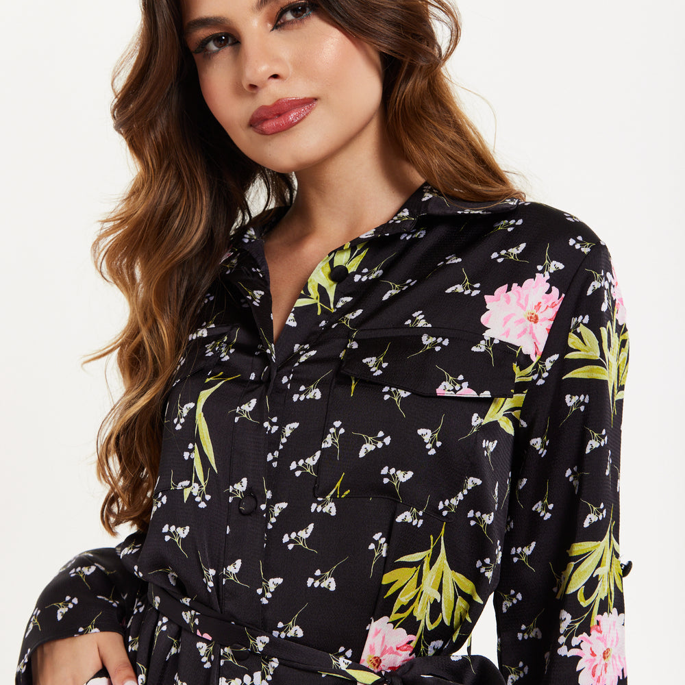 
                  
                    Pink Floral Print Shirt Dress In Black
                  
                