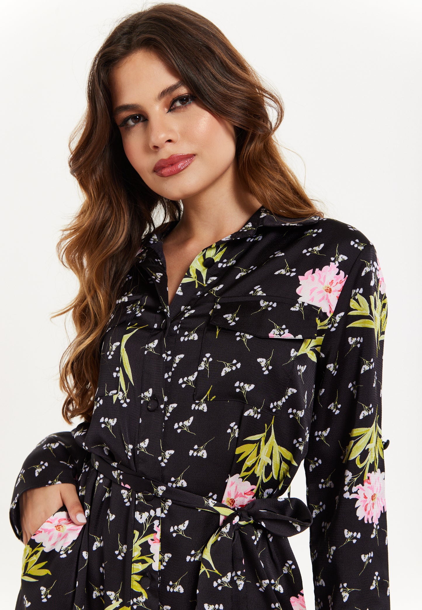 
                  
                    Pink Floral Print Shirt Dress In Black
                  
                