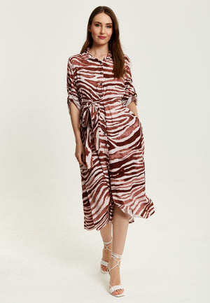 Liquorish Brown Zebra Print Midi Shirt Dress