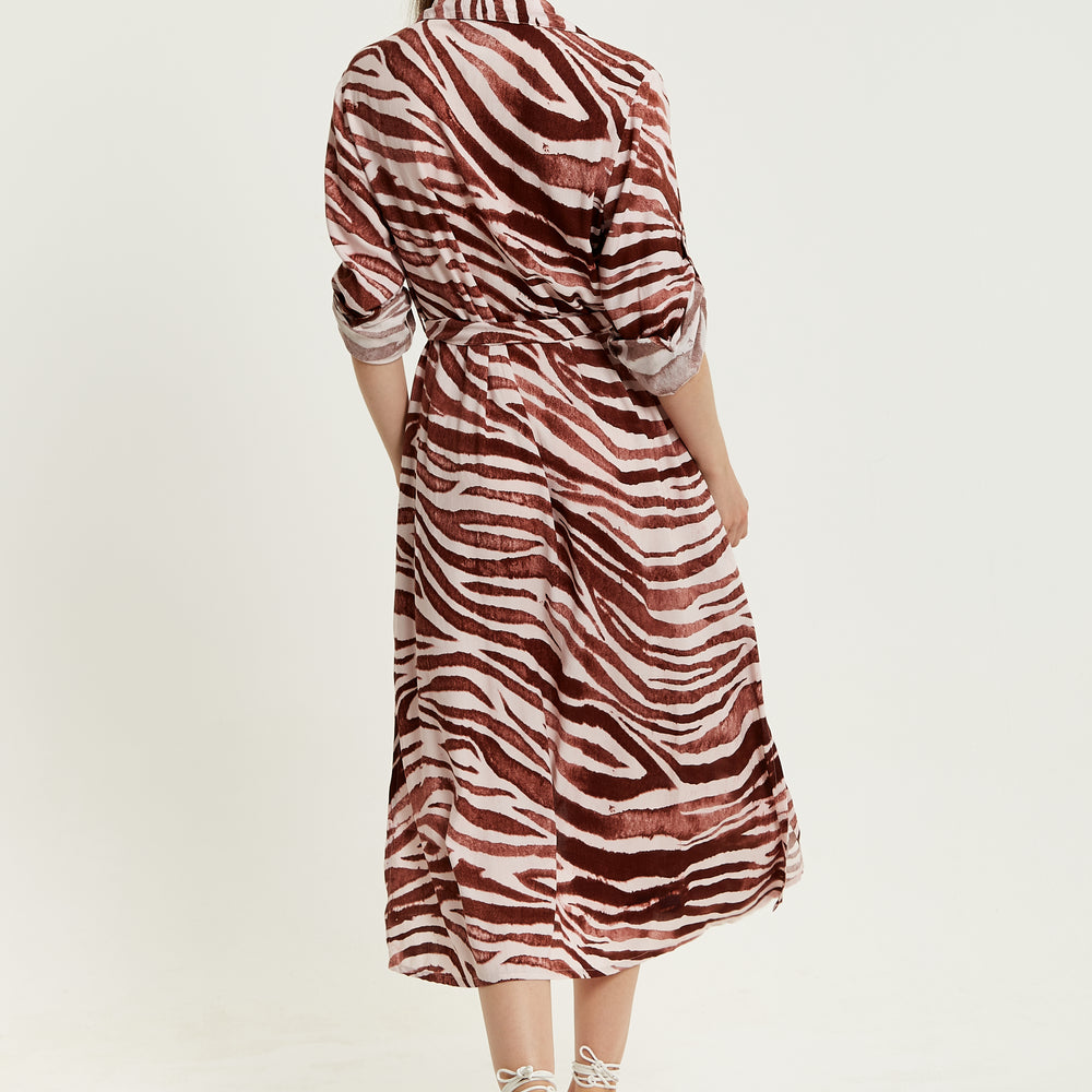 
                  
                    Liquorish Brown Zebra Print Midi Shirt Dress
                  
                
