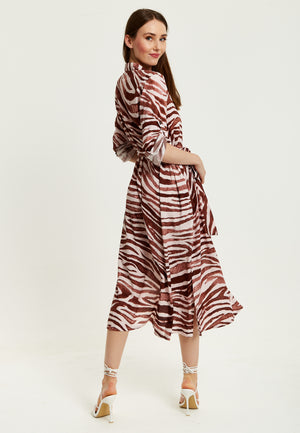 Liquorish Brown Zebra Print Midi Shirt Dress