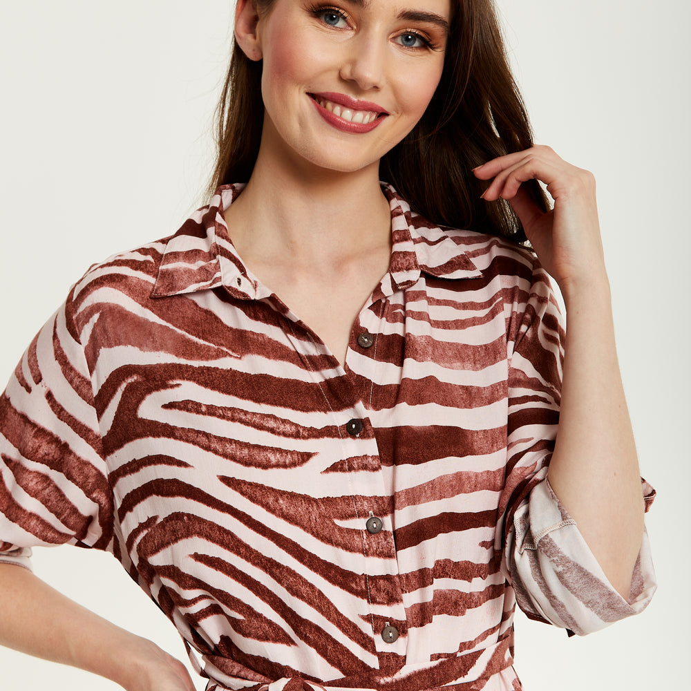 
                  
                    Liquorish Brown Zebra Print Midi Shirt Dress
                  
                