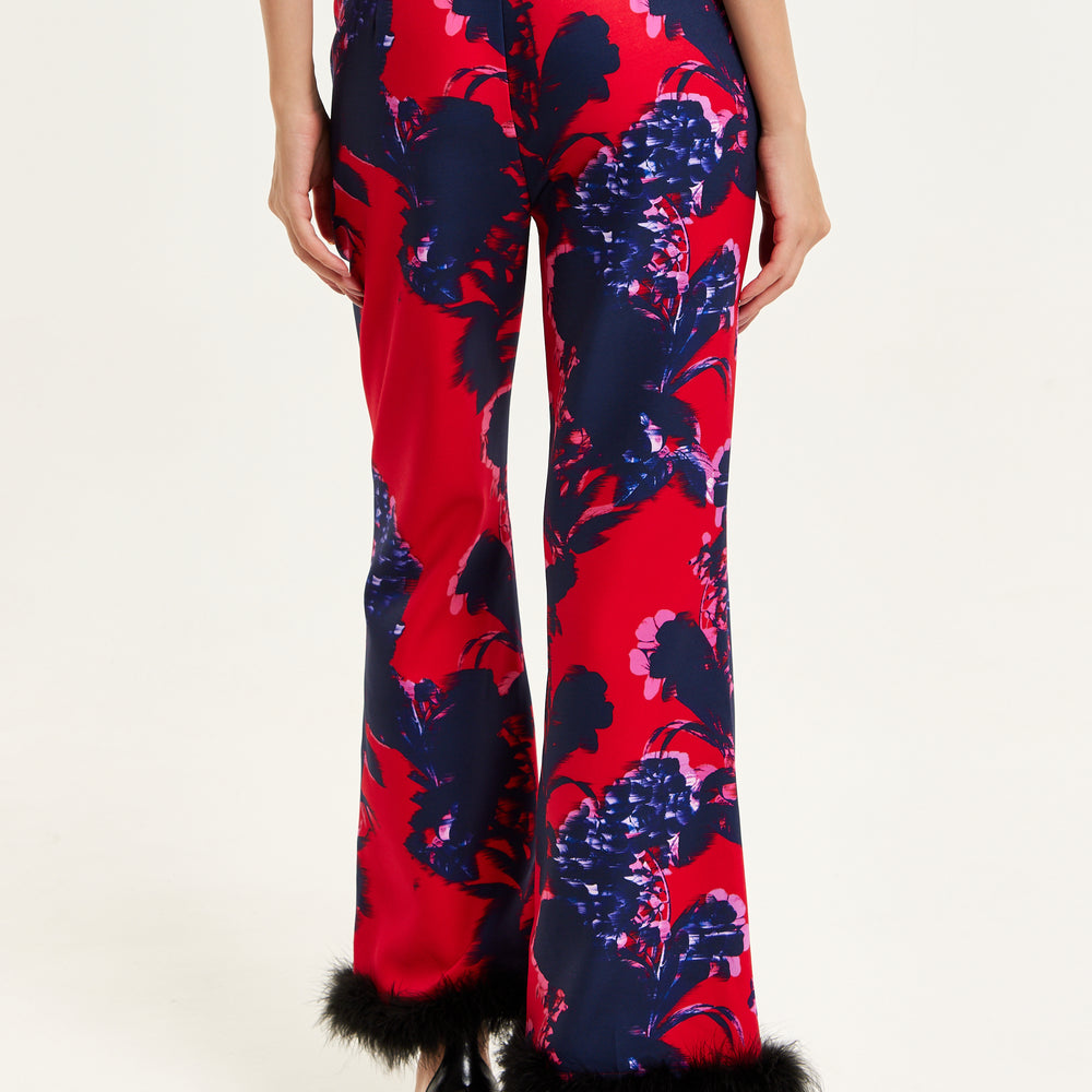 
                  
                    Liquorish Floral Print Red Tailored Trousers With Fluffy Trim In Black
                  
                