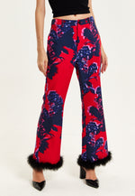 Liquorish Floral Print Red Tailored Trousers With Fluffy Trim In Black