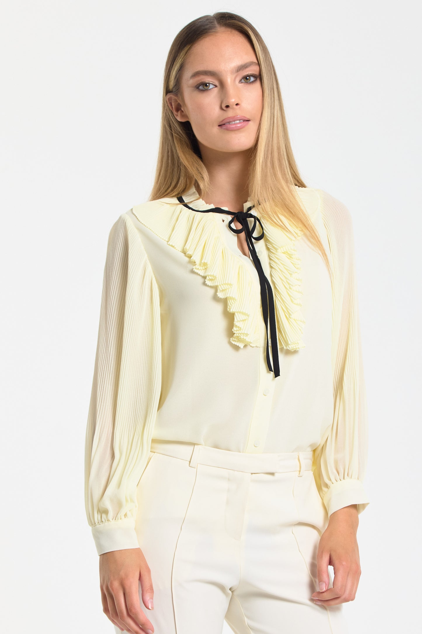 
                  
                    Yellow Tie Neck Pleated Sleeve Frill Blouse
                  
                