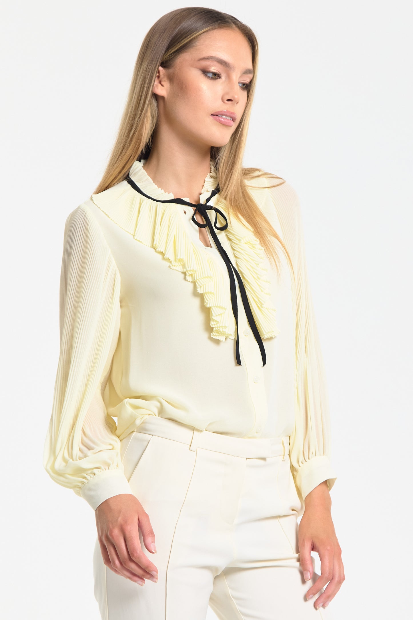 
                  
                    Yellow Tie Neck Pleated Sleeve Frill Blouse
                  
                