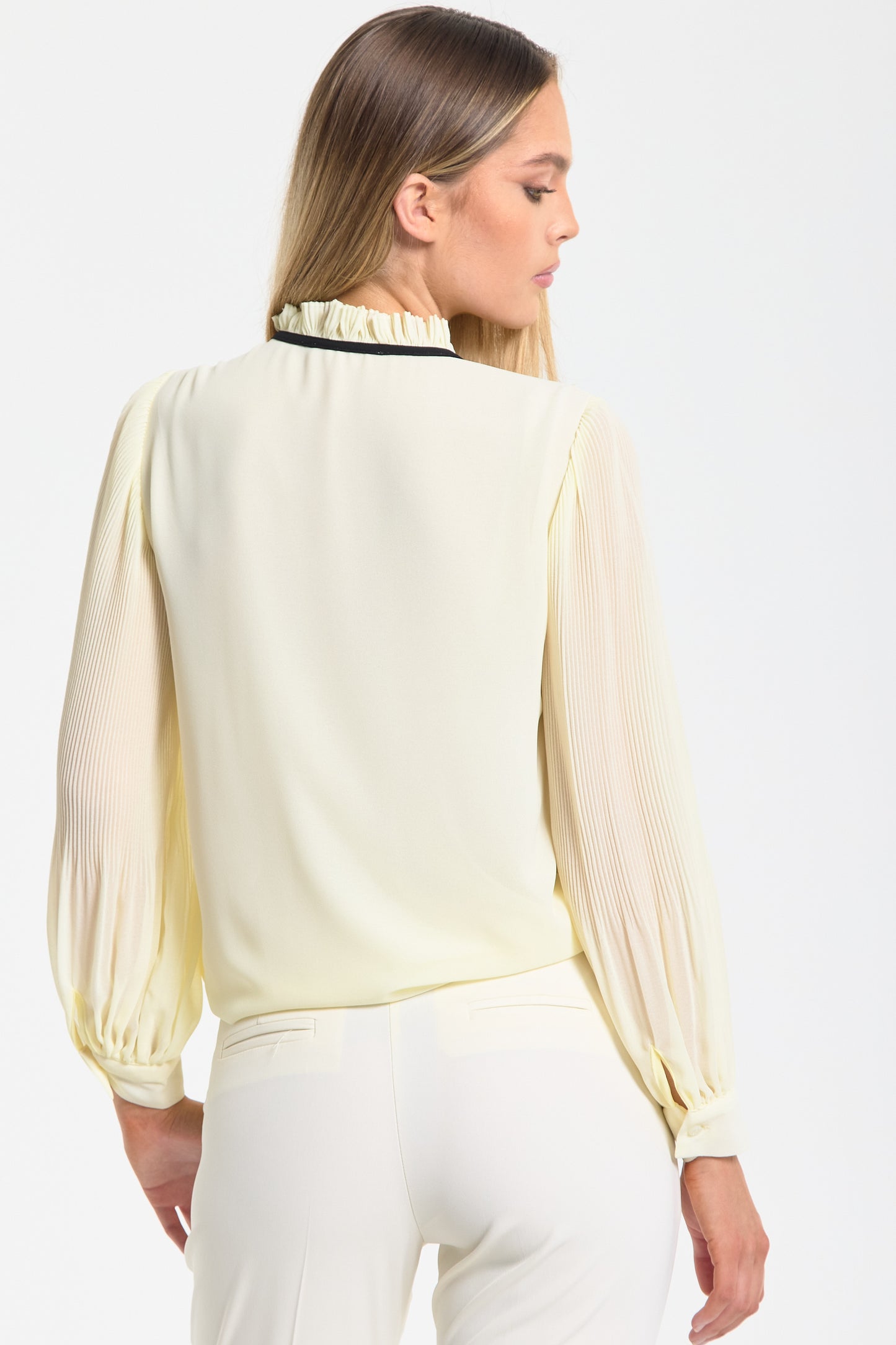 
                  
                    Yellow Tie Neck Pleated Sleeve Frill Blouse
                  
                