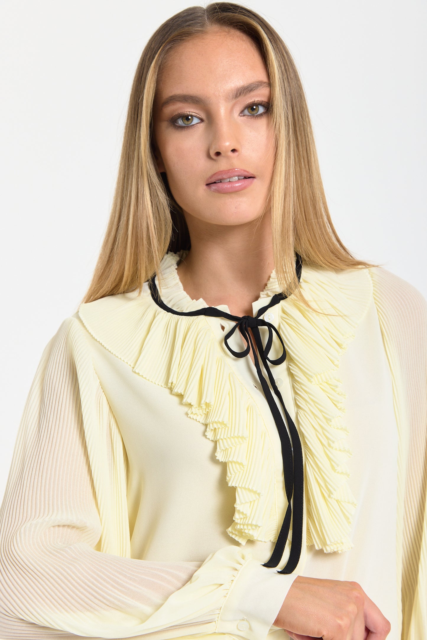 
                  
                    Yellow Tie Neck Pleated Sleeve Frill Blouse
                  
                