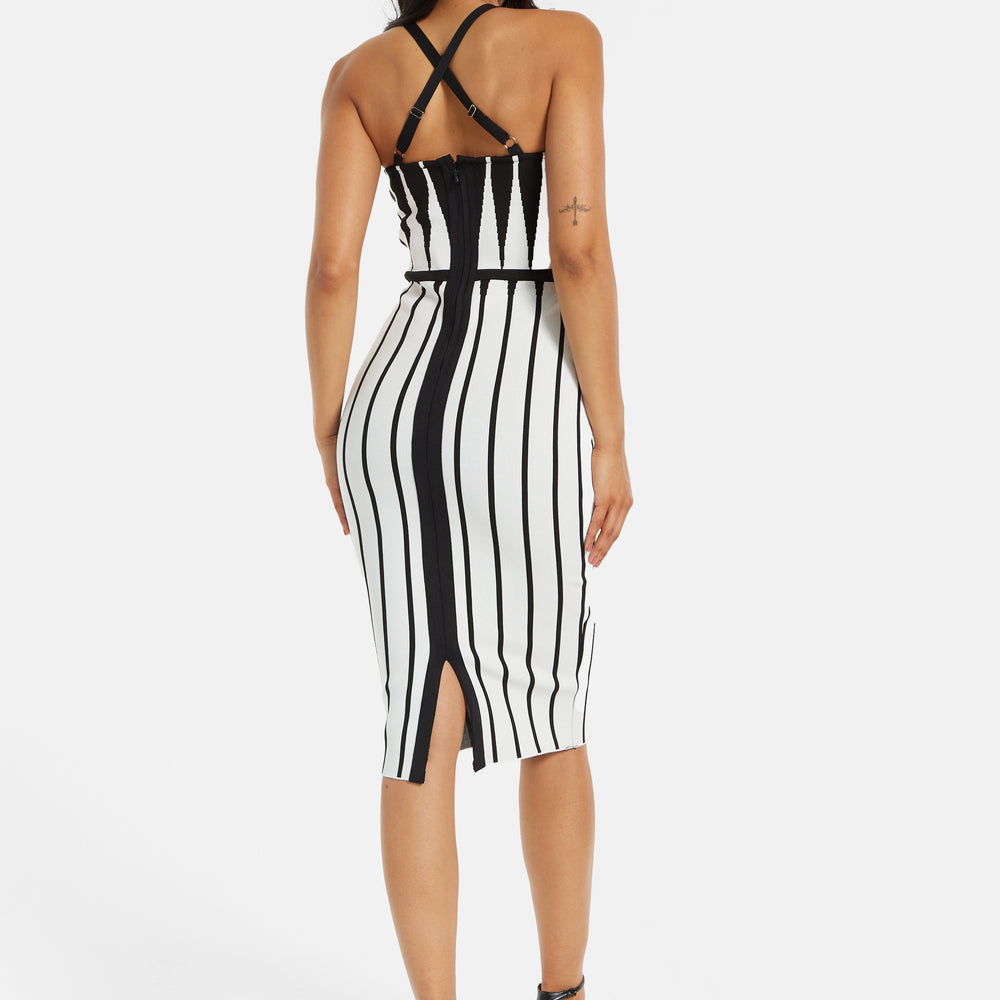 
                  
                    Women's Midi Dress with Spaghetti Straps in Black and White Stripes - Chic Knitted Design by Liquorish
                  
                