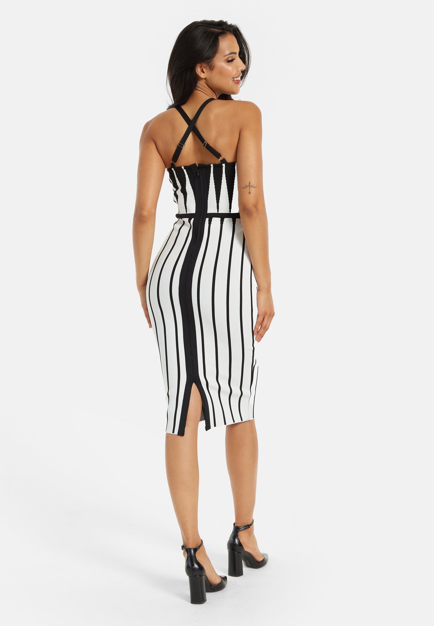 
                  
                    Liquorish Vertical Black And White Striped Knitted Midi Dress
                  
                