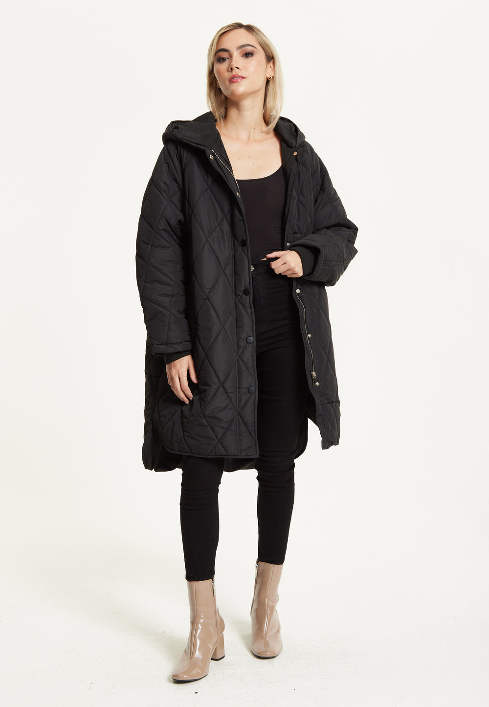 Black Quilted Oversized Hooded Coat