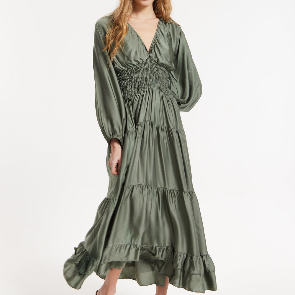 
                  
                    Khaki Shirred Waist Satin Maxi Dress
                  
                