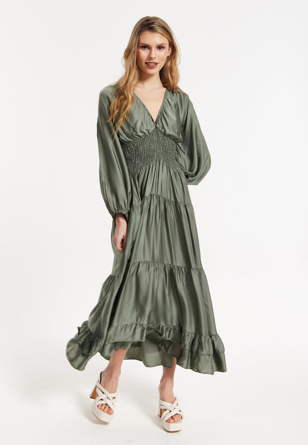 Khaki Shirred Waist Satin Maxi Dress