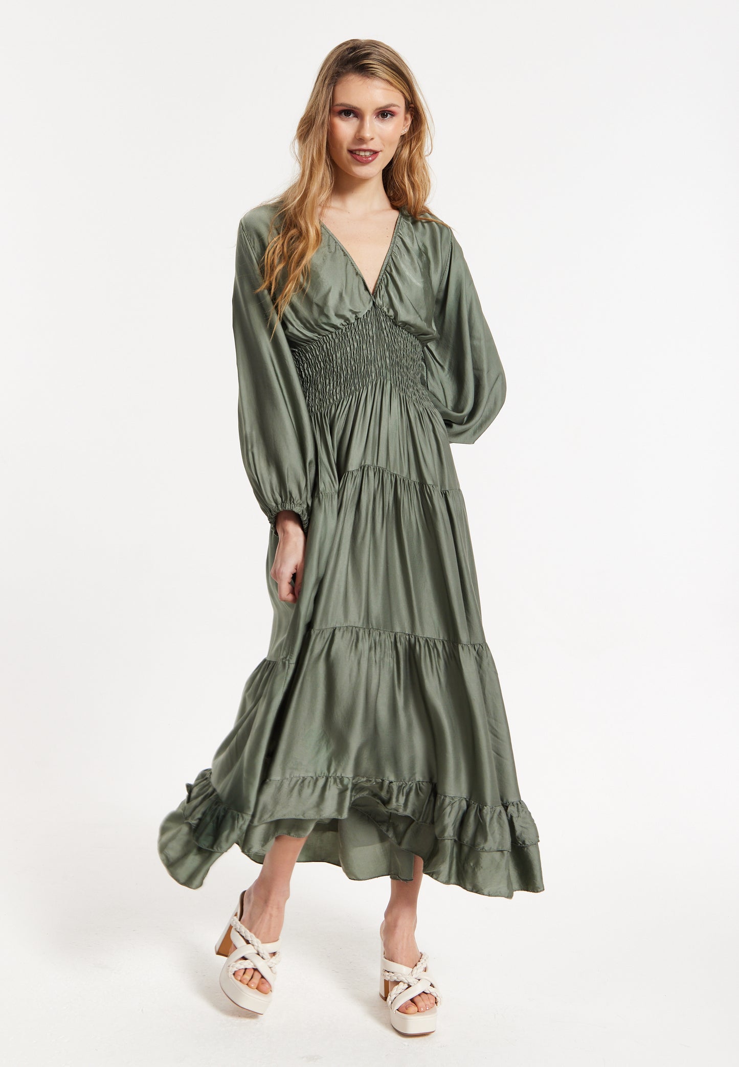 
                  
                    Khaki Shirred Waist Satin Maxi Dress
                  
                