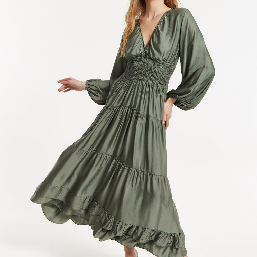 
                  
                    Khaki Shirred Waist Satin Maxi Dress
                  
                