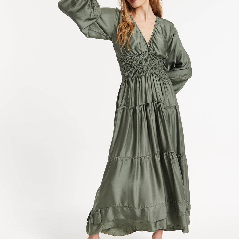 
                  
                    Khaki Shirred Waist Satin Maxi Dress
                  
                