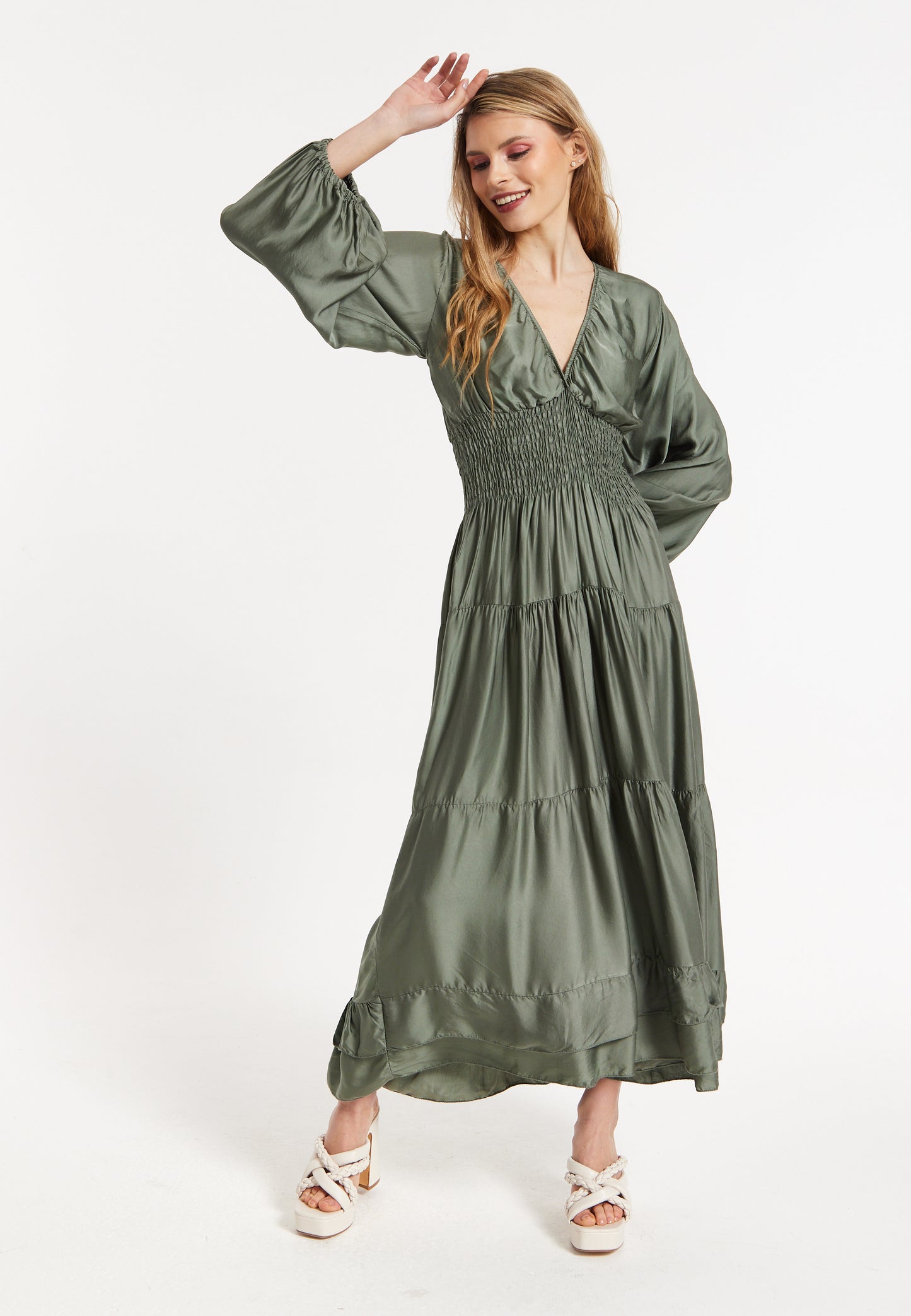 
                  
                    Khaki Shirred Waist Satin Maxi Dress
                  
                