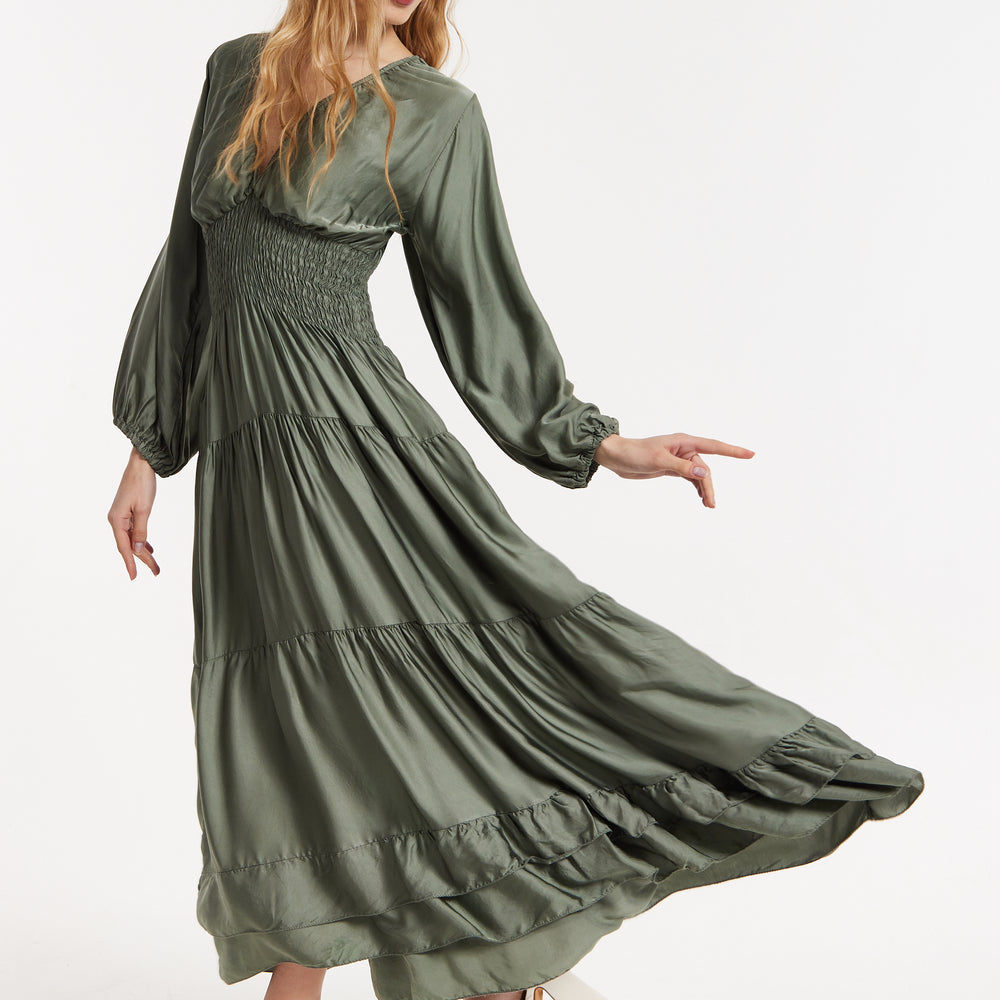 
                  
                    Khaki Shirred Waist Satin Maxi Dress
                  
                