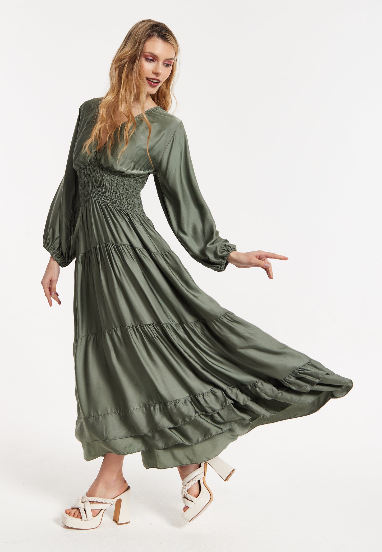 
                  
                    Khaki Shirred Waist Satin Maxi Dress
                  
                