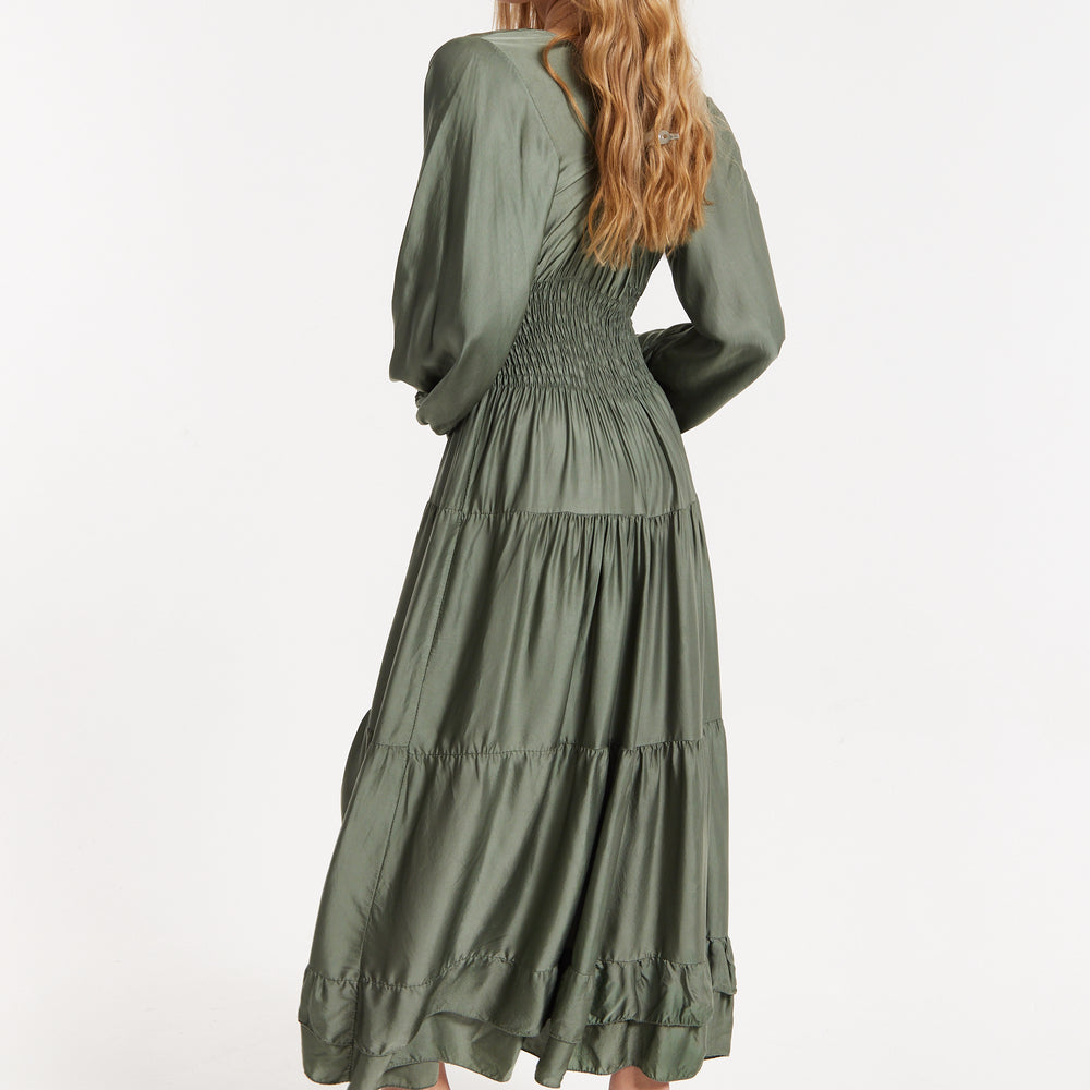 
                  
                    Khaki Shirred Waist Satin Maxi Dress
                  
                