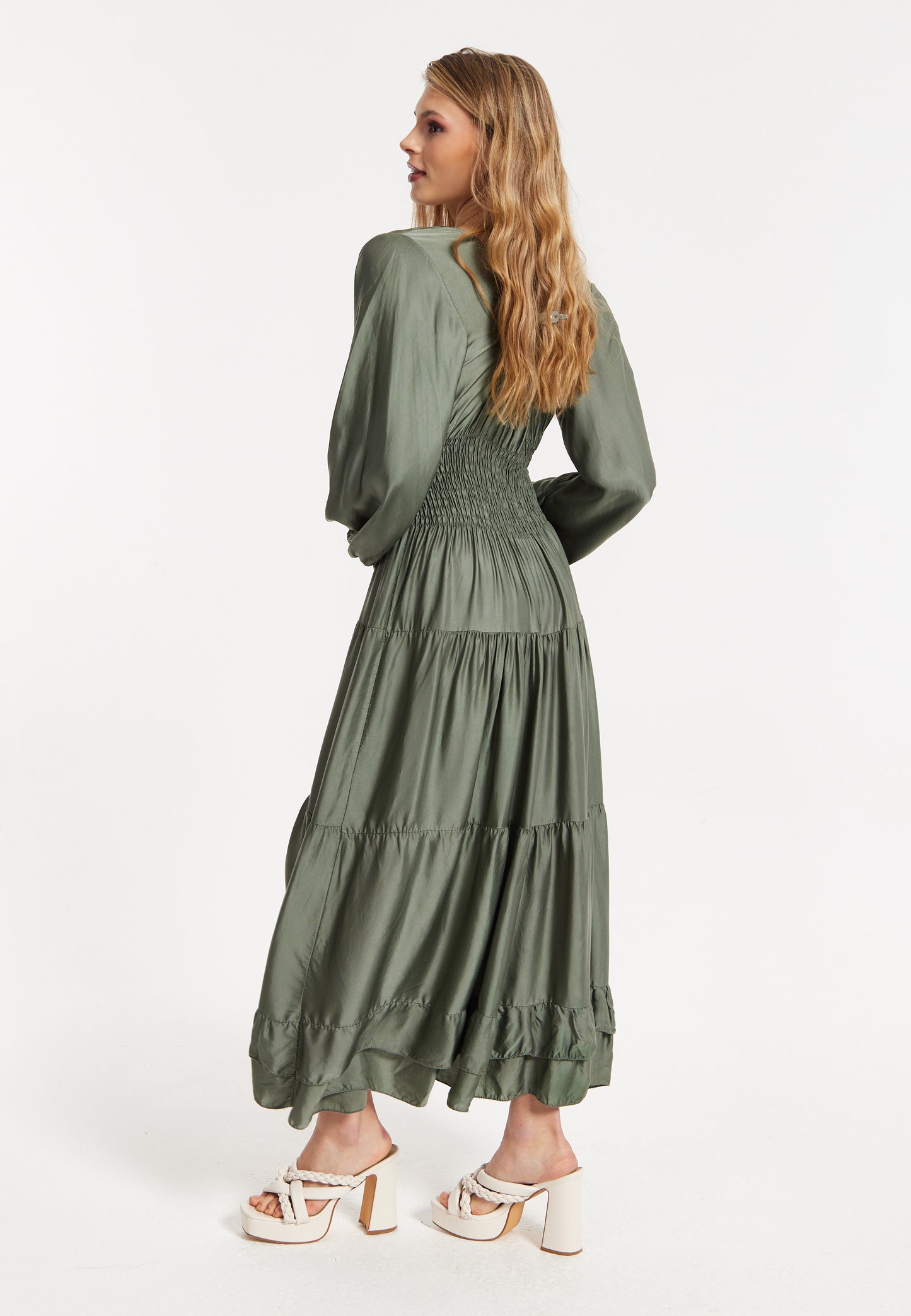 
                  
                    Khaki Shirred Waist Satin Maxi Dress
                  
                