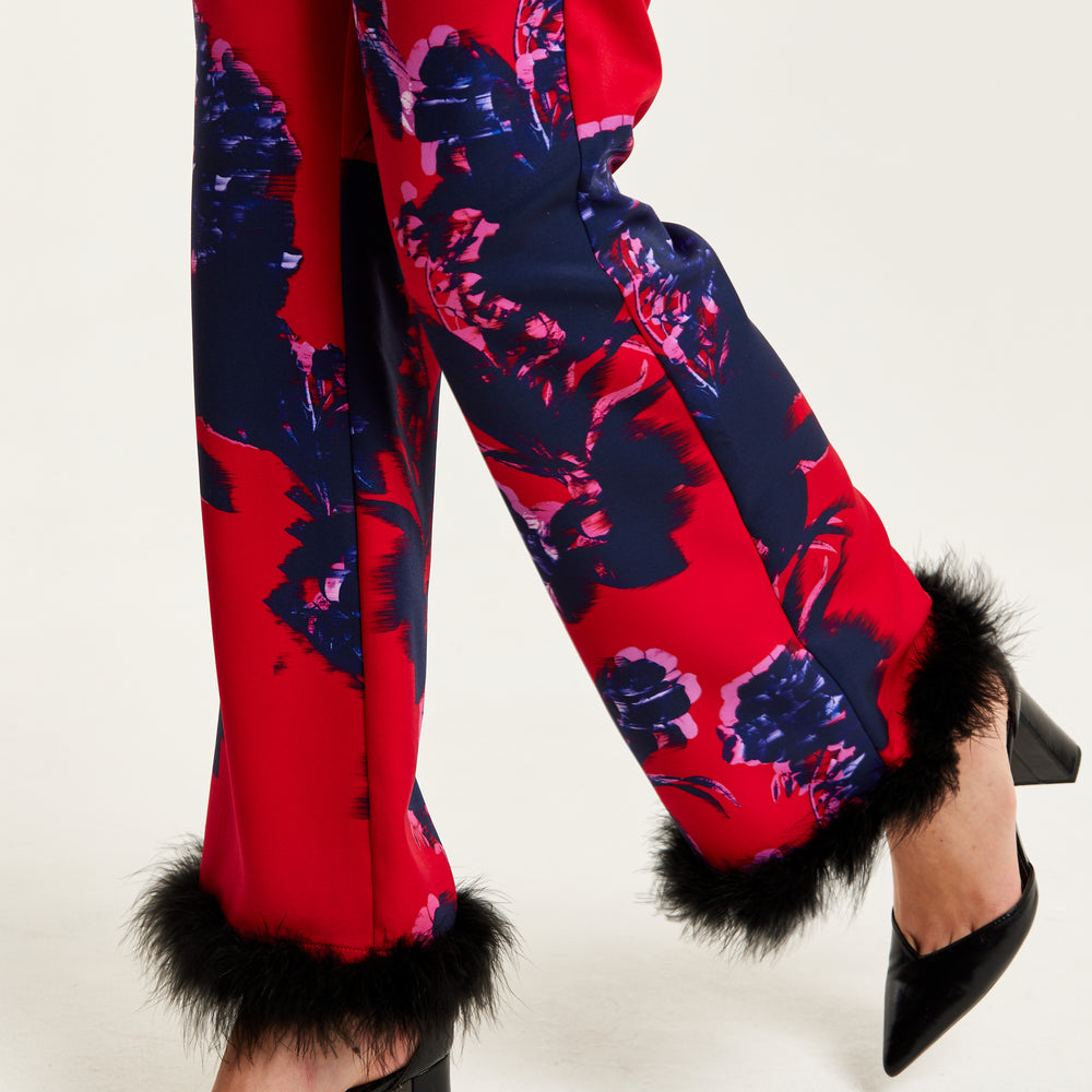 
                  
                    Liquorish Floral Print Red Tailored Trousers With Fluffy Trim In Black
                  
                