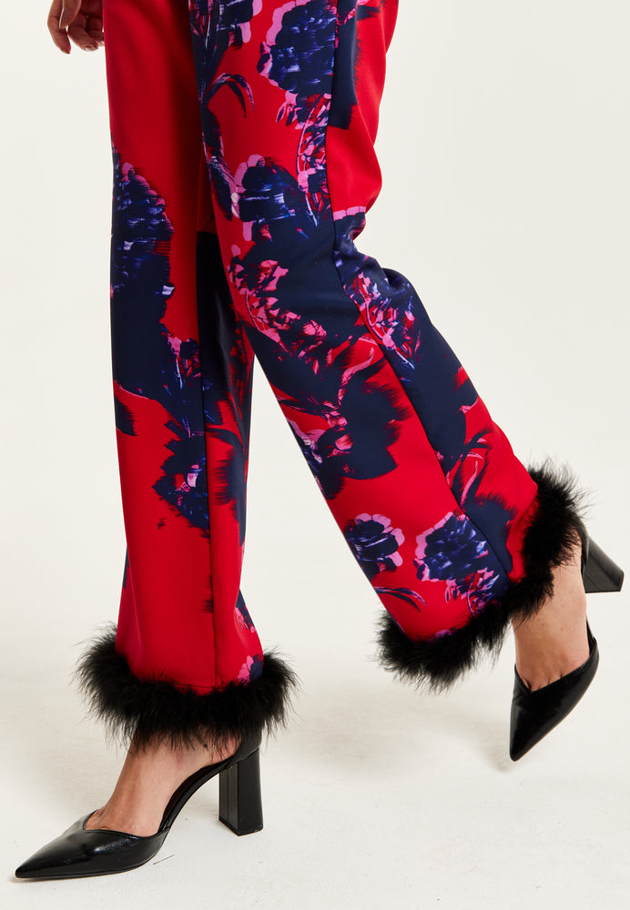 Liquorish Floral Print Red Tailored Trousers With Fluffy Trim In Black