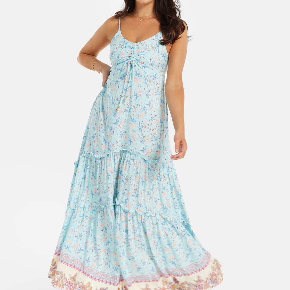 
                  
                    Women's Maxi Dress in Light Blue with Floral Print, Sleeveless Design and Ruched Front - Liquorish
                  
                