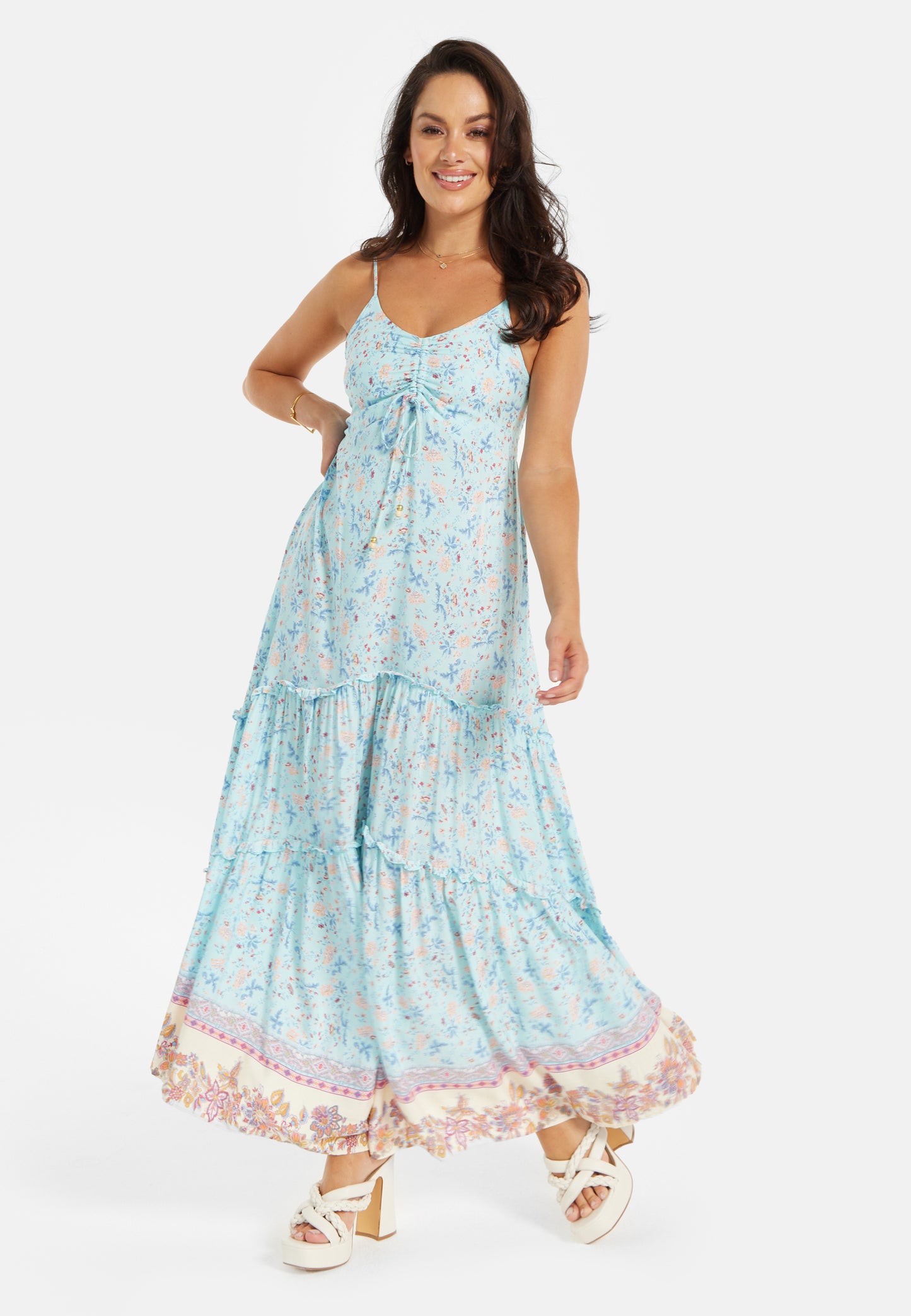 
                  
                    Women's Maxi Dress in Light Blue with Floral Print, Sleeveless Design and Ruched Front - Liquorish
                  
                