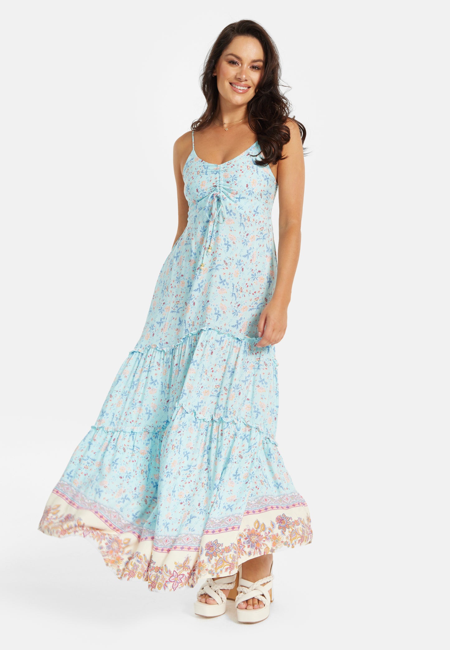 
                  
                    Women's Maxi Dress in Light Blue with Floral Print, Sleeveless Design and Ruched Front - Liquorish
                  
                