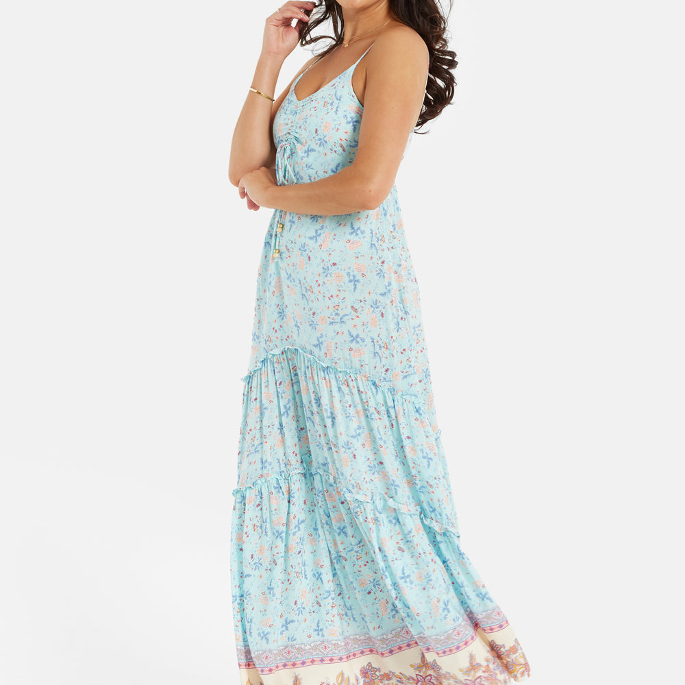 
                  
                    Women's Maxi Dress in Light Blue with Floral Print, Sleeveless Design and Ruched Front - Liquorish
                  
                