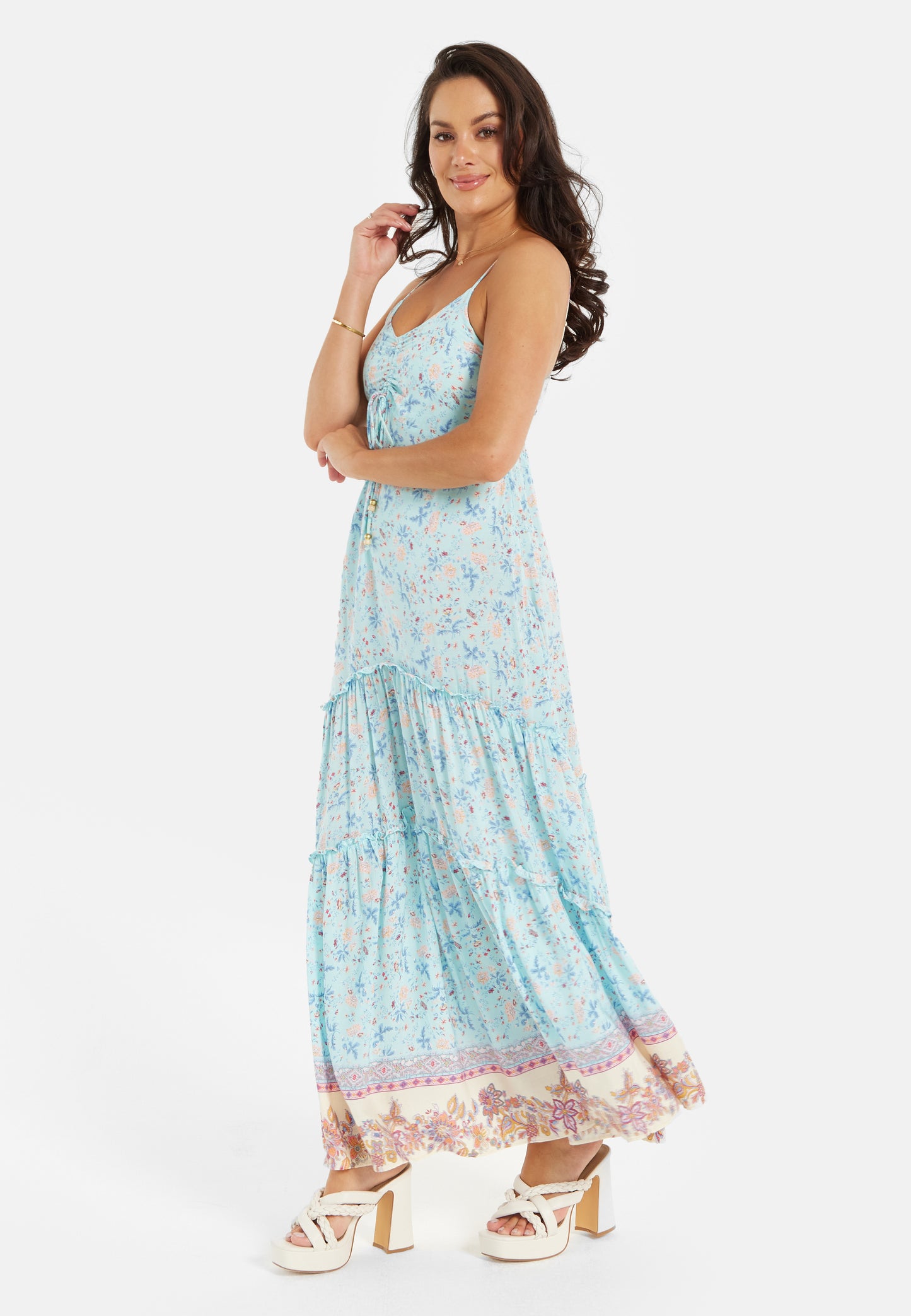 
                  
                    Women's Maxi Dress in Light Blue with Floral Print, Sleeveless Design and Ruched Front - Liquorish
                  
                