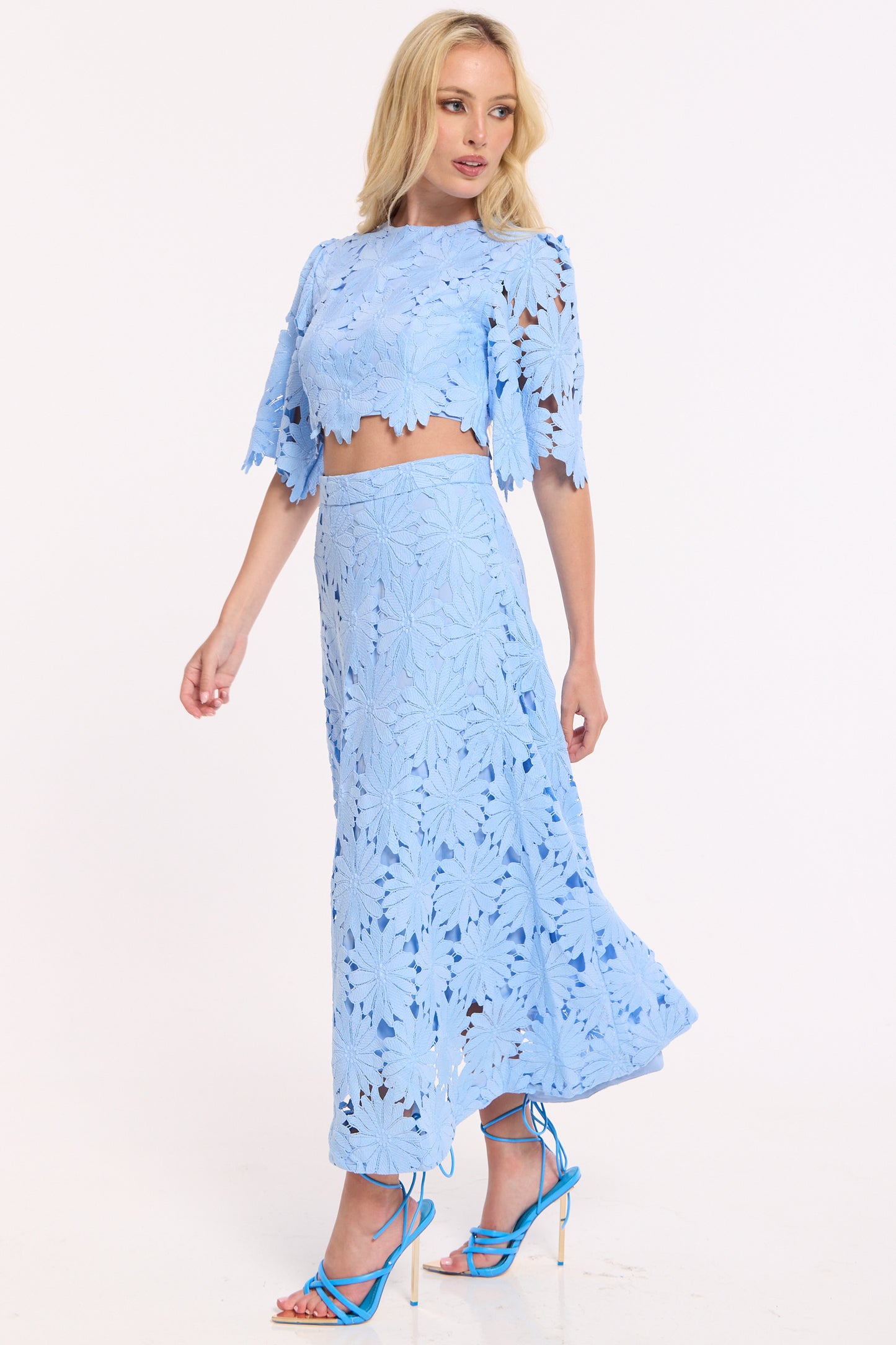 
                  
                    Blue Lace Crop Top And Midi Skirt Set
                  
                