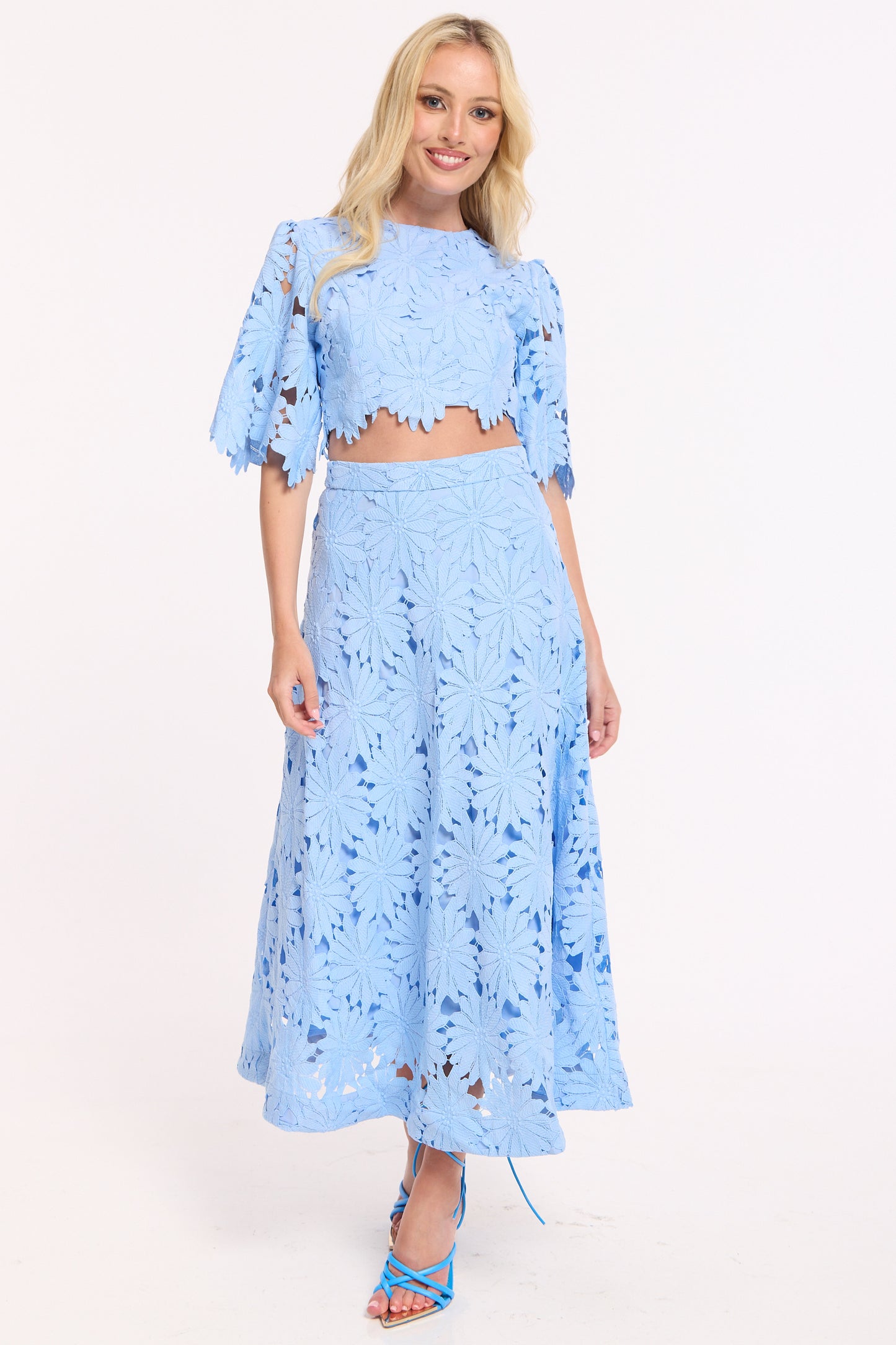 
                  
                    Blue Lace Crop Top And Midi Skirt Set
                  
                