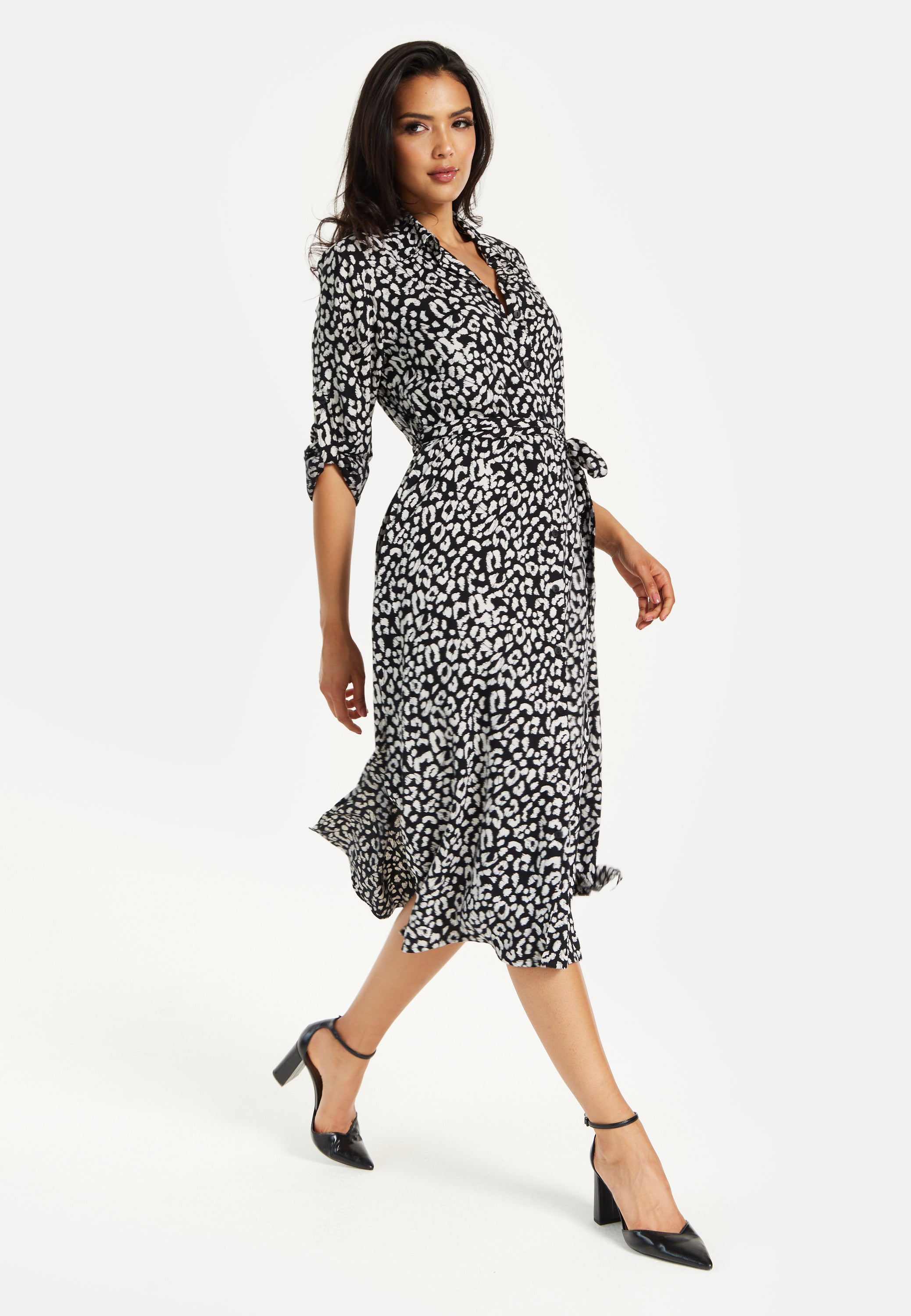 Women s Midi Dress in Leopard Print with Roll Up Sleeves Stylish But Liquorish Online