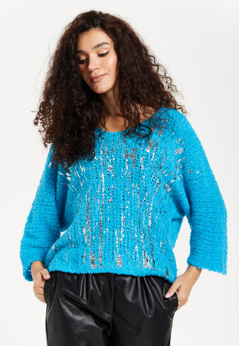 Women's Jumper in Blue with Loose Knit Design, Wide Sleeves & Metallic Detail for Effortless Style