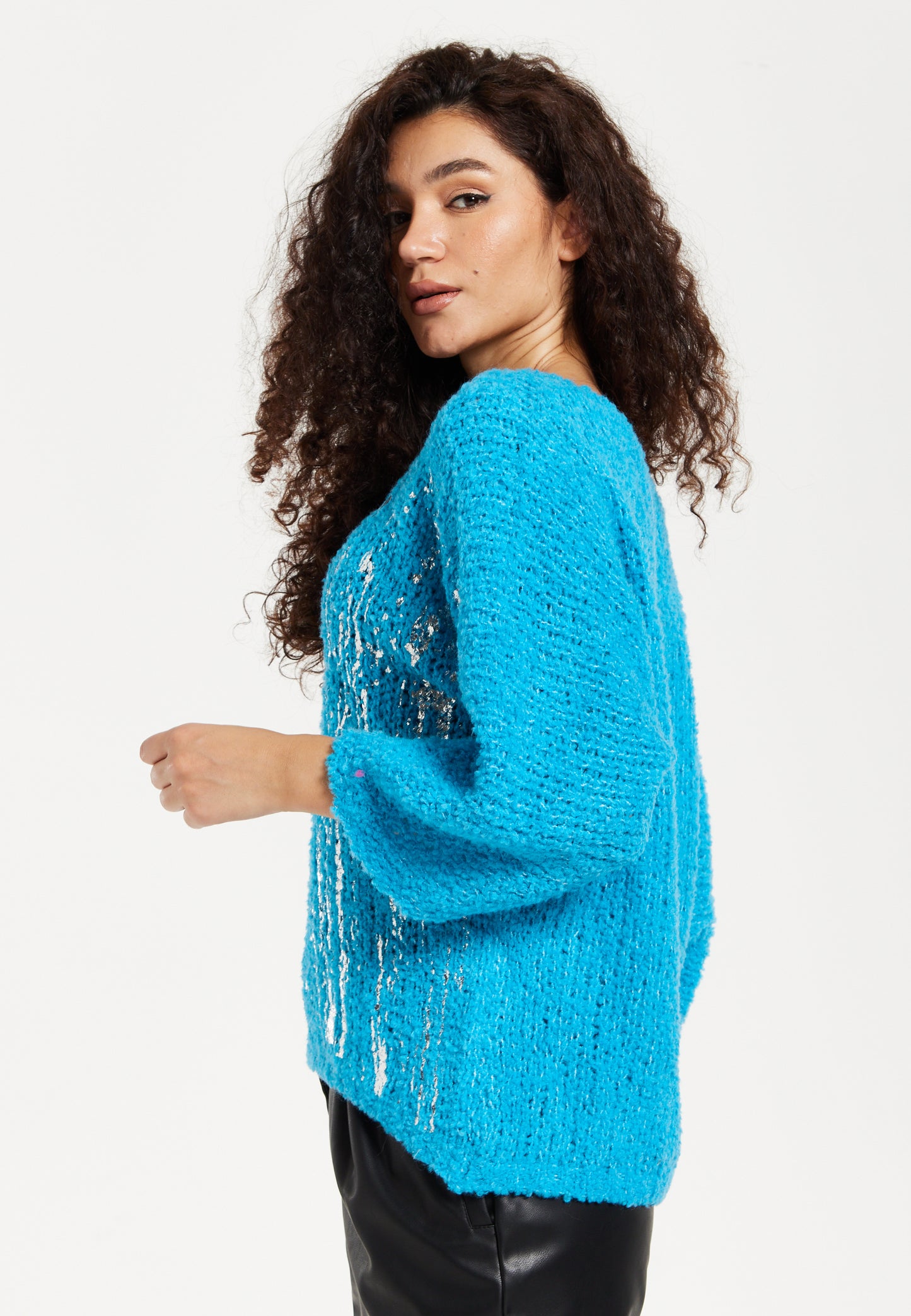 
                  
                    Women's Jumper in Blue with Loose Knit Design, Wide Sleeves & Metallic Detail for Effortless Style
                  
                