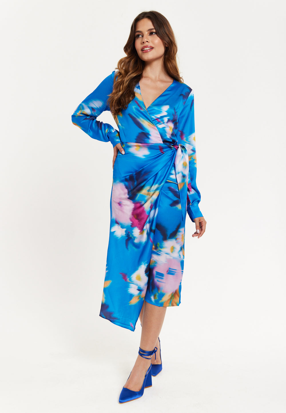 Blue Floral Satin Wrap Midi Dress