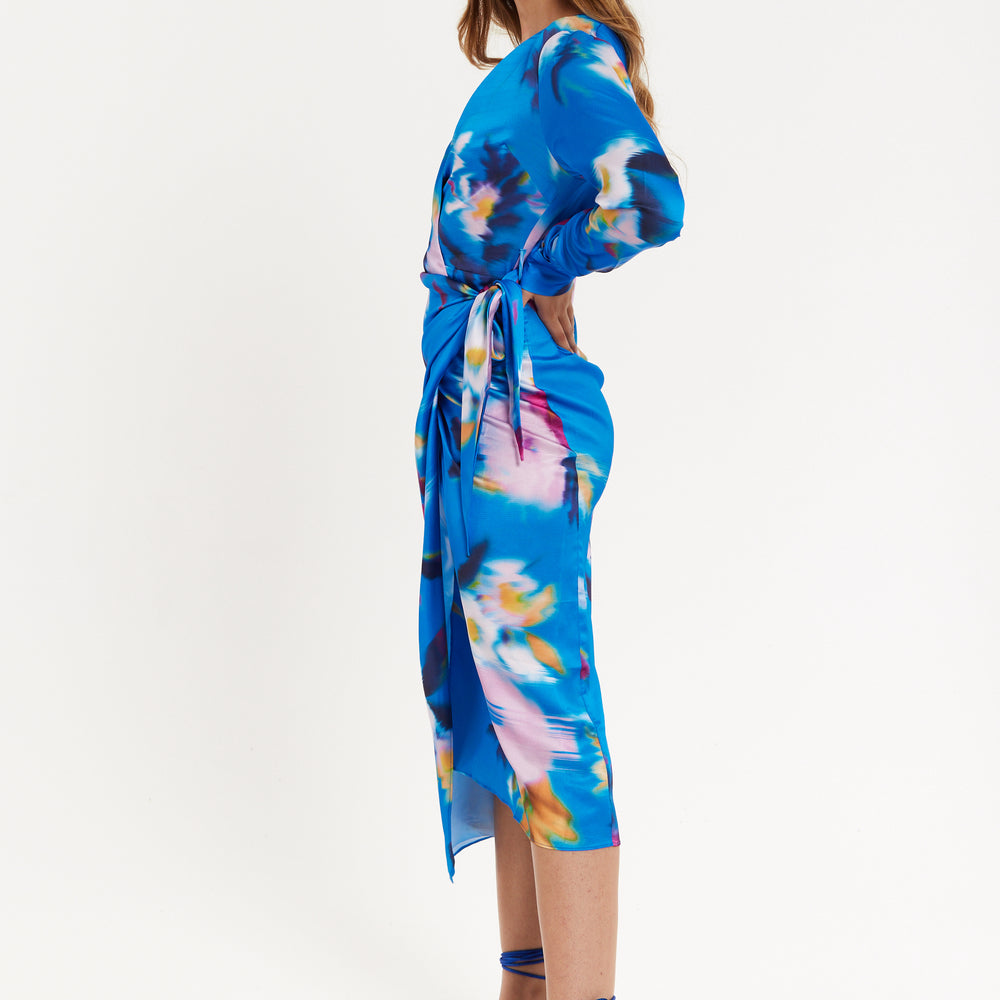 
                  
                    Blue Floral Satin Wrap Midi Dress
                  
                