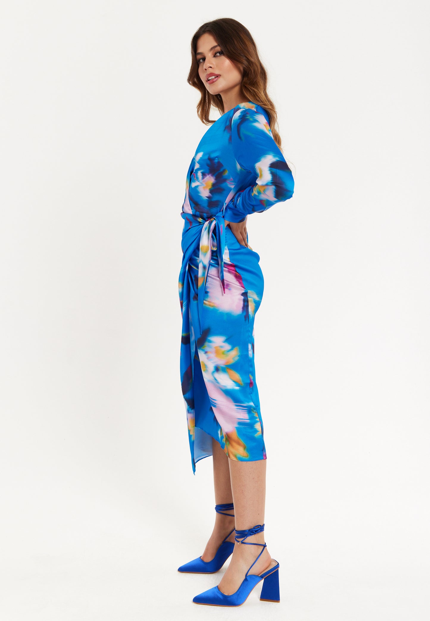 
                  
                    Blue Floral Satin Wrap Midi Dress
                  
                