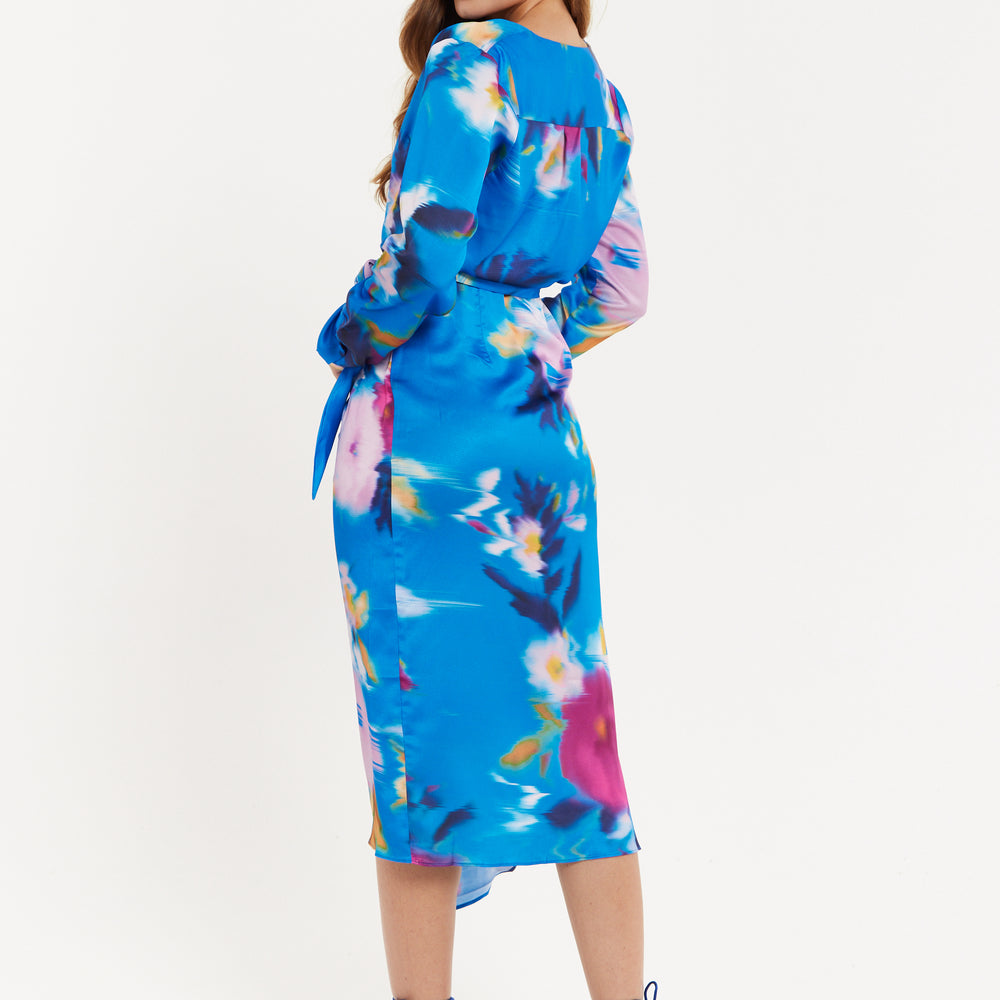 
                  
                    Blue Floral Satin Wrap Midi Dress
                  
                