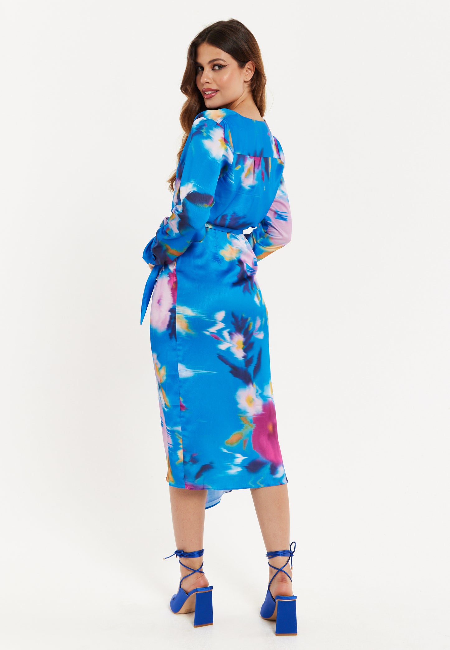 
                  
                    Blue Floral Satin Wrap Midi Dress
                  
                