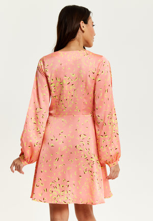Liquorish Abstract Animal Print Mini Dress In Peach with Slit Sleeves